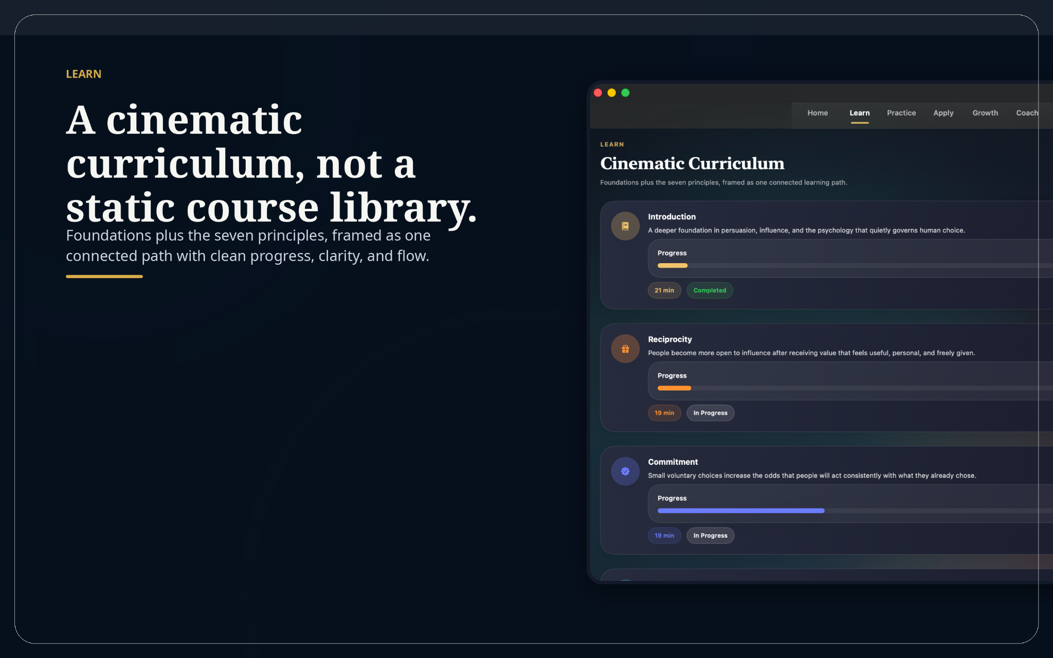 Curriculum module screen showing foundations and progress inside the Persuasion app.