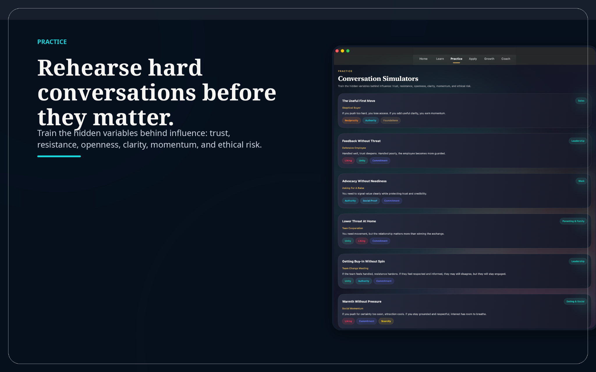 Conversation simulator screen with multiple realistic scenarios in the Persuasion app.