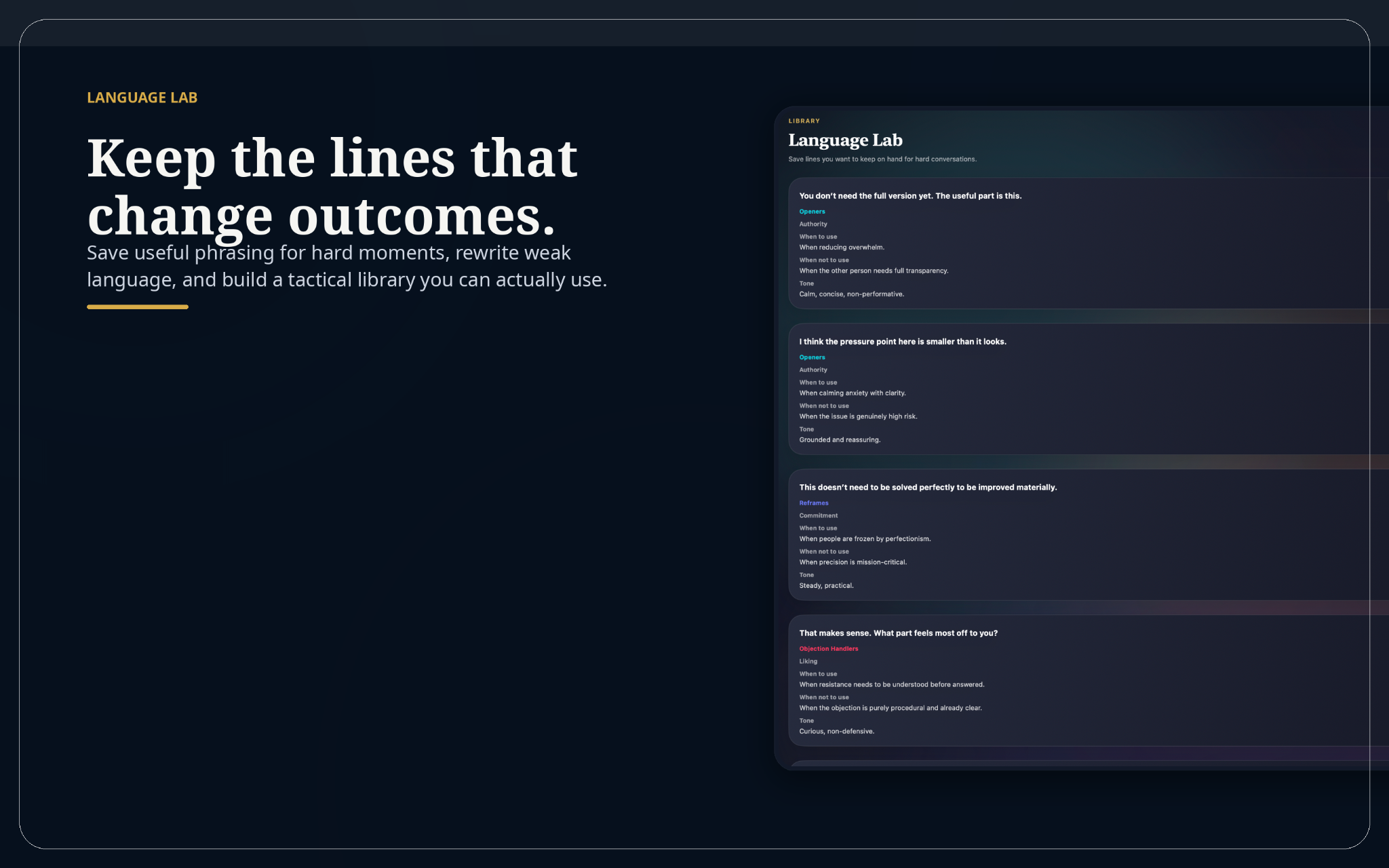 Language Lab in the Persuasion app showing saved phrasing and tactical language notes.