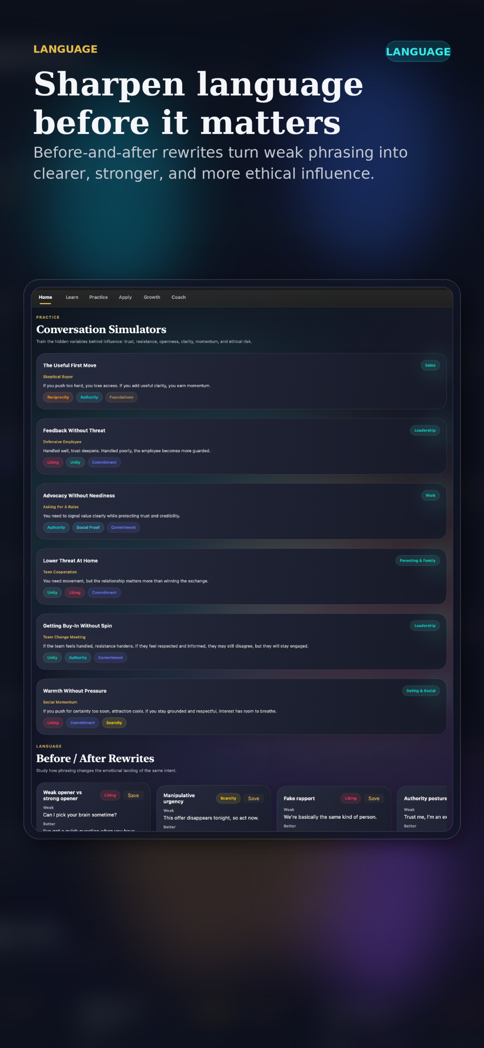 Marketing screen for Persuasion language lab.