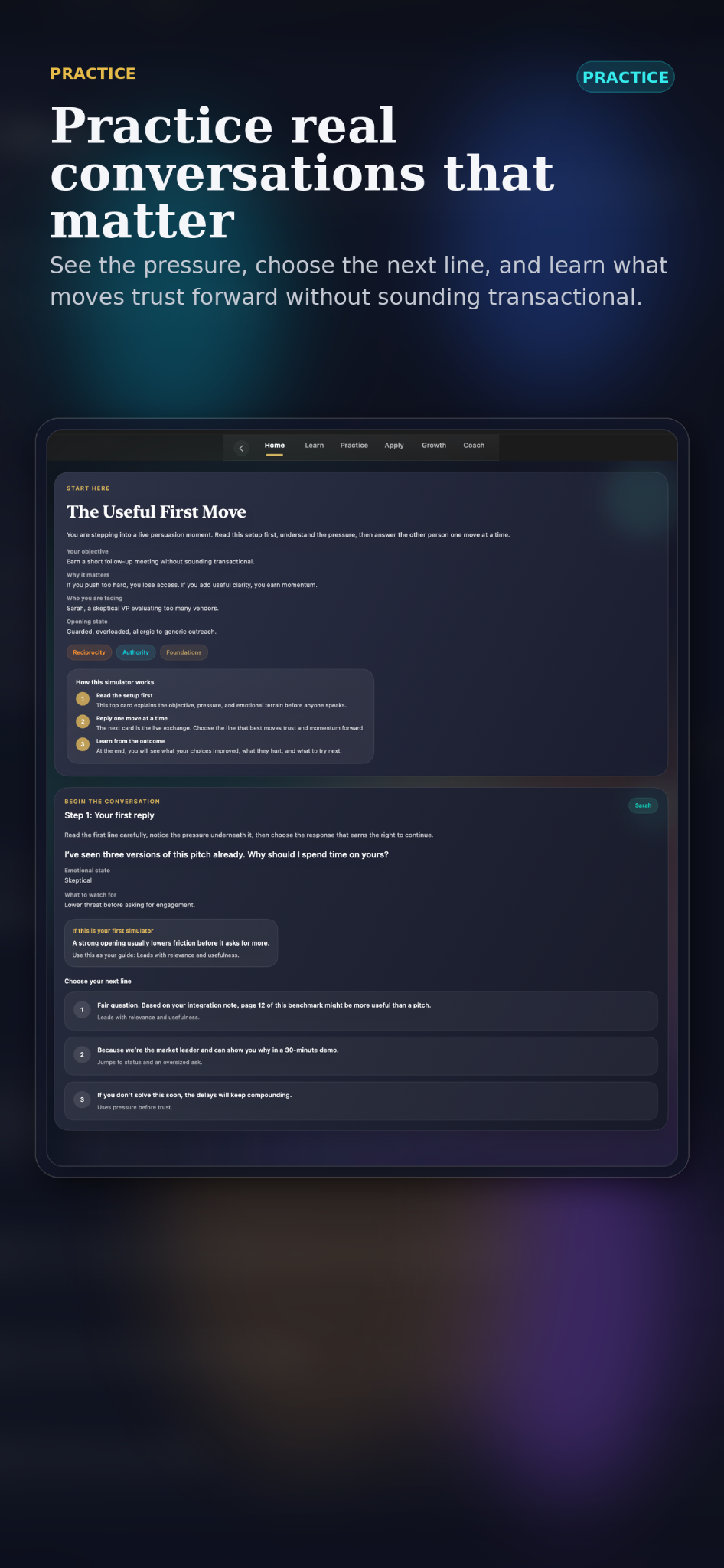 Marketing screen for Persuasion practice simulators.